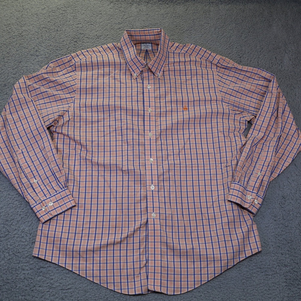 Brooks Brothers Mens XL Slim Fit‎ Non-Iron Shirt Orange Blue Tattersall Check